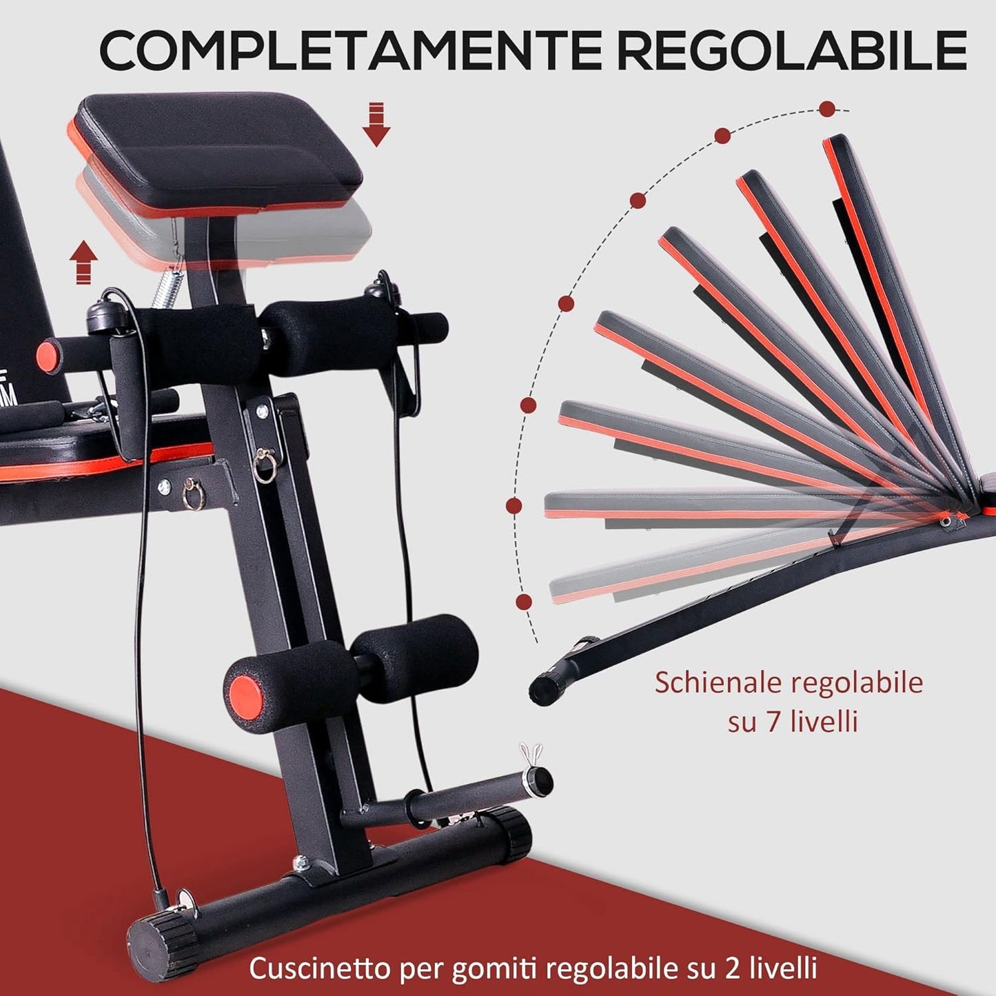 HOMCOM Panca Multifunzione Regolabile per Addominali, Panca Pesi Palestra per Allenamento Braccia e Gambe 54x160x106cm, Nero e Rosso