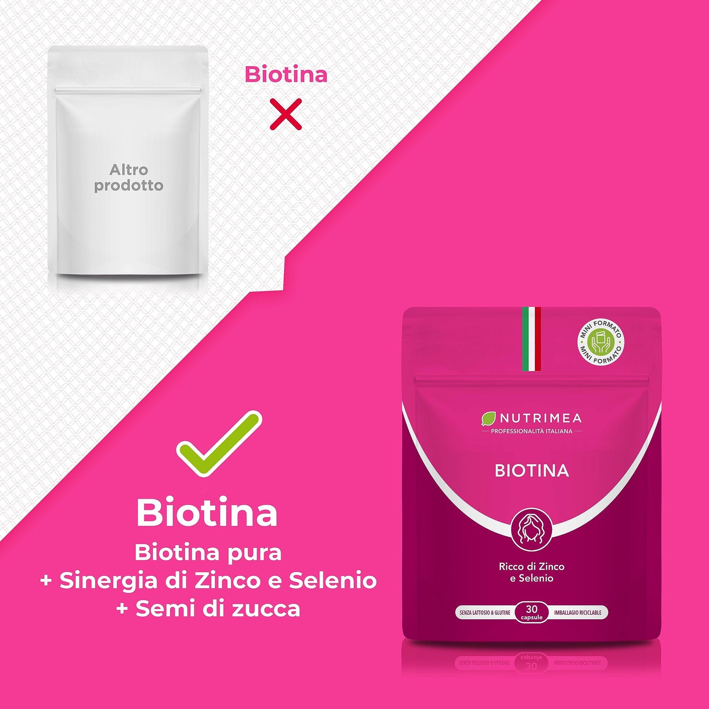 Biotina Nutrimea | Capelli, Unghie e Pelle | Vitamina B8, Zinco, Selenio e Semi di Zucca | Trattamento 4 Mesi | 120 Capsule Vegane