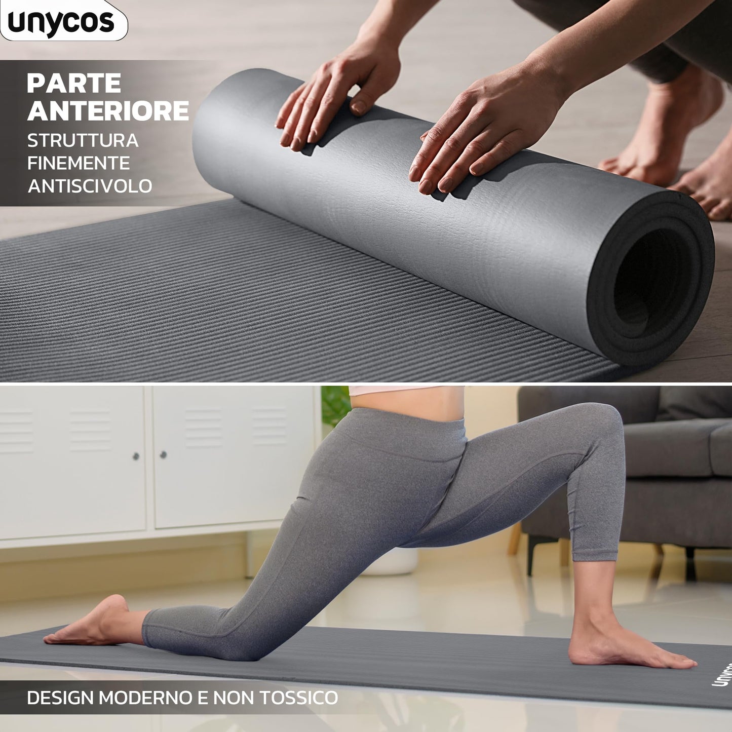 unycos - Tappetino Antiscivolo da Yoga, Pilates e Ginnastica Extra Spesso 10/15 mm, 183x60 cm, Materassino Fitness con Schiuma NBR Confortevole, Tracolla, Borsa ed E-Book di 50 Esercizi