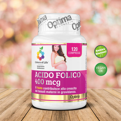 Optima Naturals Colours of Life Acido Folico 400 mcg - Integratore di Contribuisce alla Crescita dei Tessuti Materni Gravidanza Senza Glutine Vegano, 120 Compresse