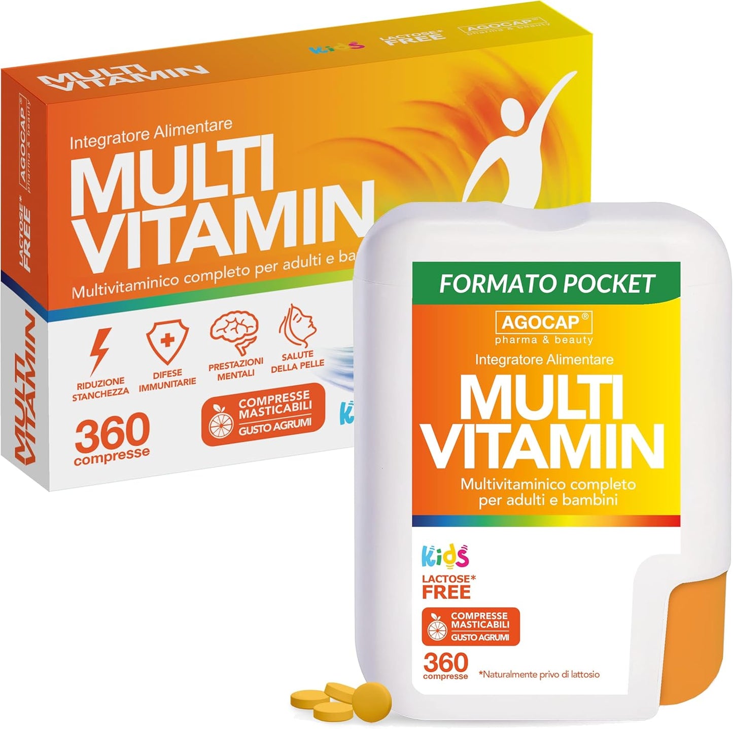 Multivitaminico Completo, Integratori Stanchezza, 360 mini compresse masticabili. Multivitaminico, complesso di Vitamine ad ALTO DOSAGGIO ideale per donna, uomo e bambino. Multivitamin, Agocap