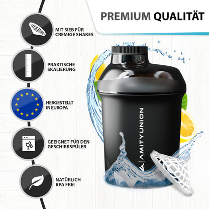 AMITYUNION Shaker proteico da 400 ml con colino per proteine – Piccolo shaker per proteine a prova di perdite, senza BPA, con scala per frullati di proteine del siero cremoso, concentrati di proteine