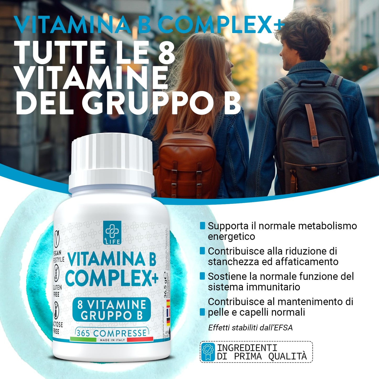 Vitamina B Complex Alto Dosaggio 365 Compresse PiuLife® Vitamina B6 B1 B2 B3 Niacina, B5, B8 Biotina, B9 Acido Folico, Vitamina B12, Vitamine Gruppo B Total Energia Capelli Difese Immunitarie