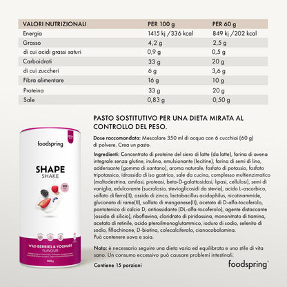 foodspring Shape Shake Bustine Monoporzione, 10 x 60 g, Sostituto pasto per il controllo del peso*, Ricco di proteine, Vitamine e minerali