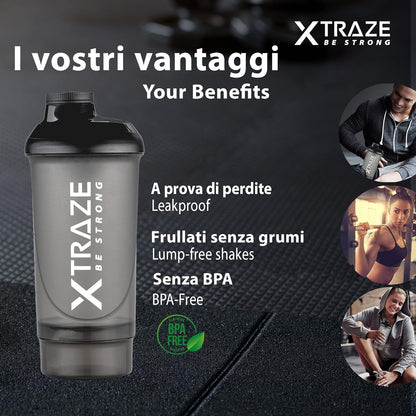 Proteine Shaker 500 ml con Scomparto per la Polvere da 150 ml - Senza BPA - Bottiglia Fitness con Tappo Antiperdita e Gradazione - Filtro per Bevande Proteiche Cremose Senza Grumi - Nero - XTRAZE