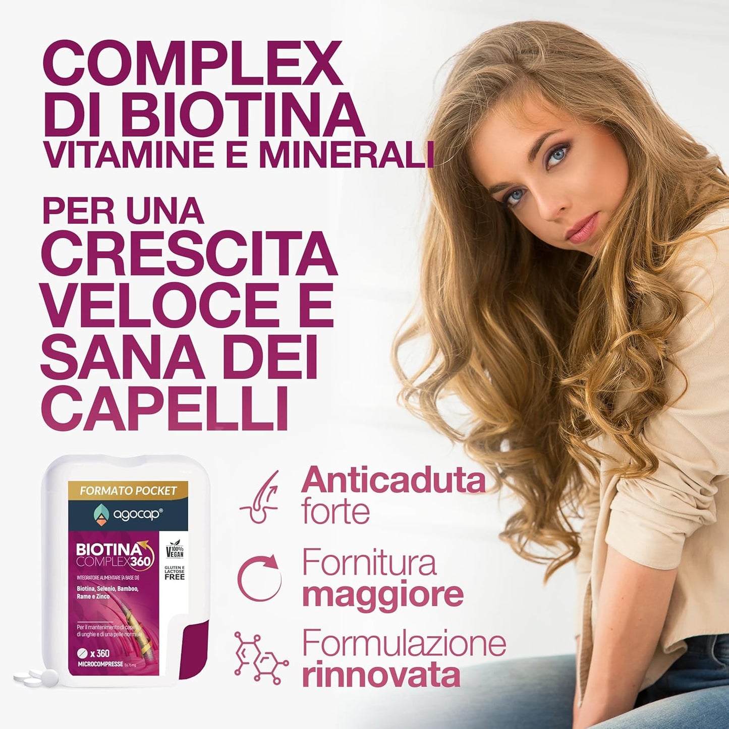 BIOTINA - COMPLEX 360 Mini Compresse (1 anno). Integratori per capelli con Biotina, Selenio e Zinco. Biotina capelli, unghie e pelle. Crescita capelli azione anticaduta capelli donna uomo. Agocap