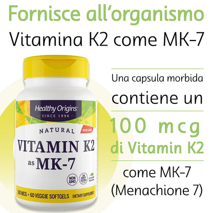 Healthy Origins, Vitamina K2 come MK7, 100mcg per dose giornaliera, 180 Capsule, Testato in Laboratorio, Altamente Dosato, Senza Glutine, Senza Soia, non OGM, Vitamina K