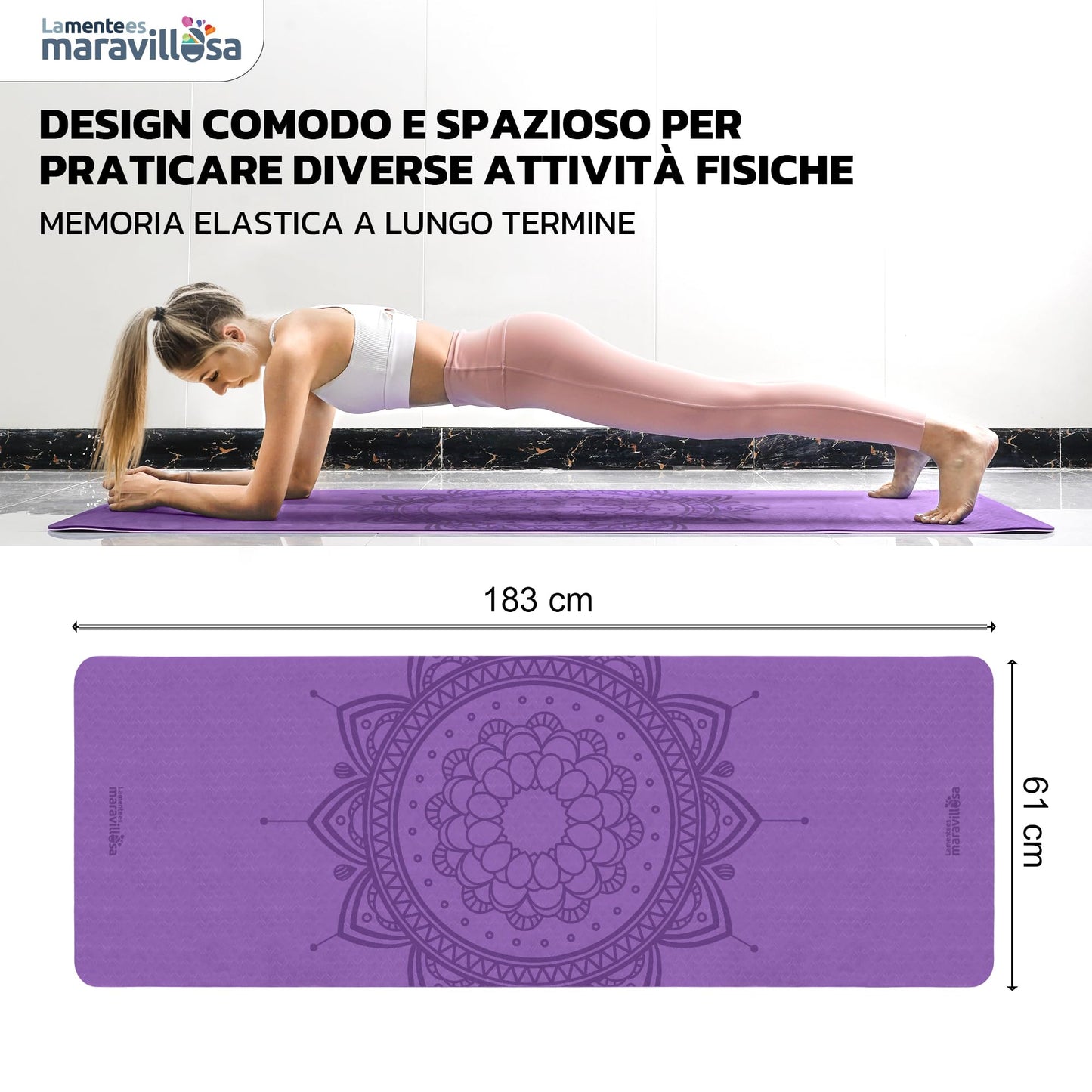 LA MENTE ES MARAVILLOSA - Tappetino per Yoga, Pilates, Fitness o Altri Sport, Tappetino Antiscivolo in TPE con Borsa a Tracolla, Tappetino da Allenamento 183 x 61 cm