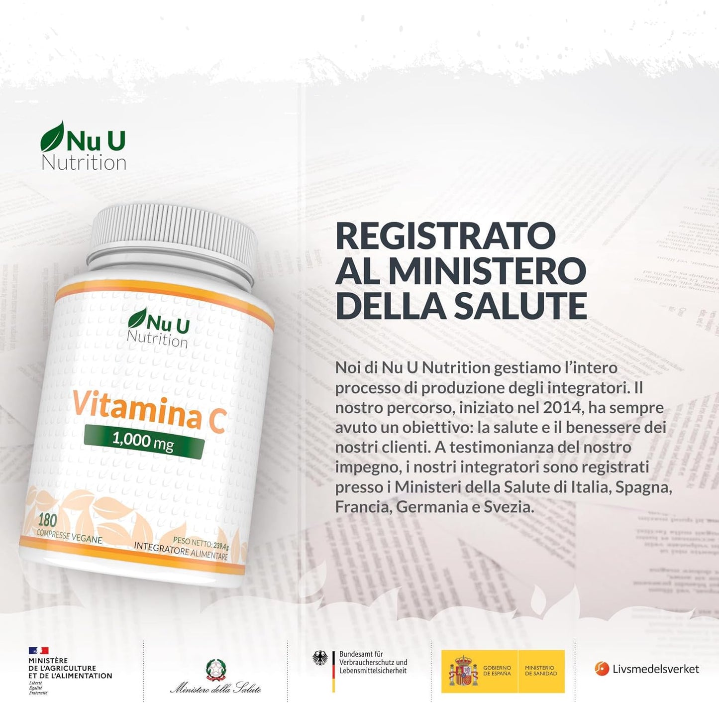 Vitamina C 1000mg Pura Alto Dosaggio - 180 Compresse Vegane - 6 Mesi di Fornitura - Acido Ascorbico - Senza GMO - Integratori alimentari di Nu U Nutrition