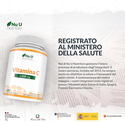 Vitamina C 1000mg Pura Alto Dosaggio - 180 Compresse Vegane - 6 Mesi di Fornitura - Acido Ascorbico - Senza GMO - Integratori alimentari di Nu U Nutrition