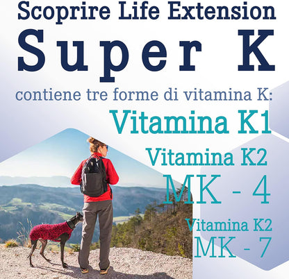 Life Extension, Super K, con MK-7, Depot, Altamente Dosato, 90 Capsule molli, Testate in Laboratorio, Senza Glutine, Senza Soia, Non OGM