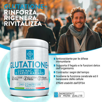 GLUTATIONE Forte 240 Compresse PiuLife® Con Vitamina C, NAC n-acetil-cisteina E Cardo Mariano Fegato, Integratore Glutatione 250 mg, Glutatione Ridotto Antiossidante, Sistema Immunitario, Detox