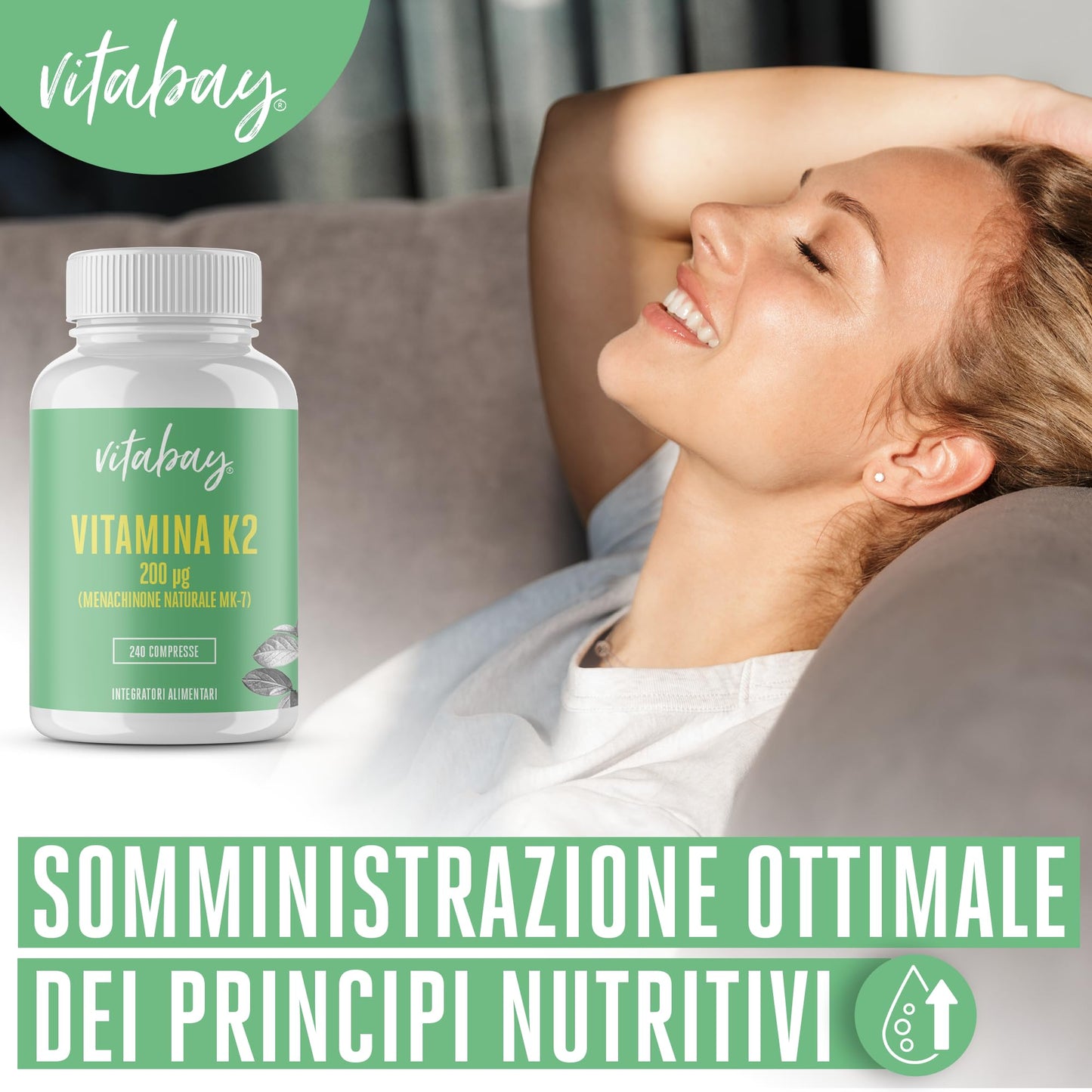 Vitabay Vitamina K2 365 compresse di Vitamina K2 200 mcg vegana con Menachinone MK7 naturale All-Trans ad alto dosaggio - Assumere 1 compressa di Vitamina K2 MK7 al giorno con acqua - Vit K2 K2 MK7