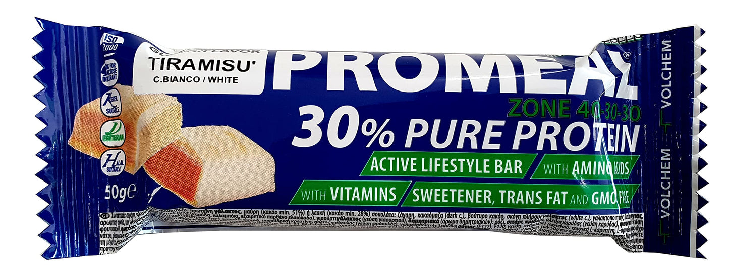 Volchem Promeal Zone 40-30-30, Barretta Proteico-Energetica con Ripartizione di Carboidrati-Proteine-Grassi (40-30-30), Senza Grassi Idrogenati, Scatola da 24 Barrette, Gusto Menta, 1200 g