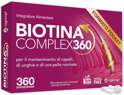 BIOTINA - COMPLEX 360 Mini Compresse (1 anno). Integratori per capelli con Biotina, Selenio e Zinco. Biotina capelli, unghie e pelle. Crescita capelli azione anticaduta capelli donna uomo. Agocap