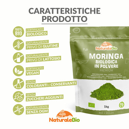 Moringa Oleifera Bio in Polvere - Qualità Premium - 400g. Biologica, Naturale e Pura. Foglie Raccolte dalla Pianta di Moringa Oleifera. NaturaleBio