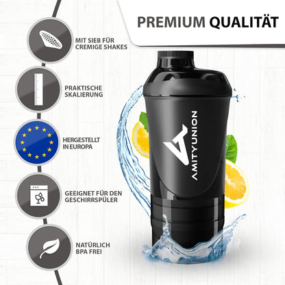 AMITYUNION Shaker per proteine - L'ORIGINALE Senza BPA con setaccio, scala per frullati di siero di latte cremosi, tazze Gym Deluxe per isolati e concentrati sportivi, (Coppa nera)