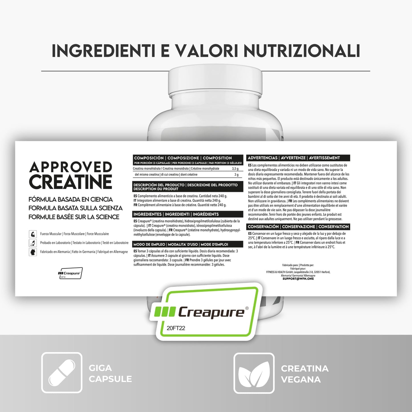 WFN Approved Creatine - Creapure - Neutro - 500 g - Creatina monoidrato - Polvere - Vegano - 146 porzioni - Prodotto in Germania - Testato in laboratorio esterno