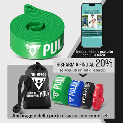 PULLUP & DIP Elastico Fitness per Trazioni, Bande Elastici Fitness con Borsa, Gancio Porta (per Set) e Guida Esercizi, Bande Elastiche di Resistenza, Resistance Bands per Calisthenics, Freeletics