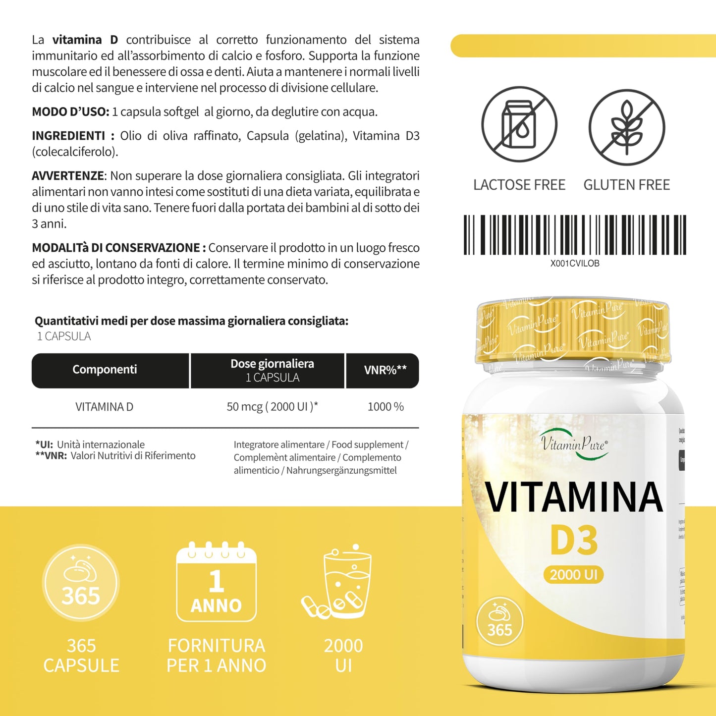 VitaminPure - Vitamina D3 2000 UI Alto Dosaggio, 365 SoftGel Facili da Deglutire, Integratore Vitamina D (Vit D)