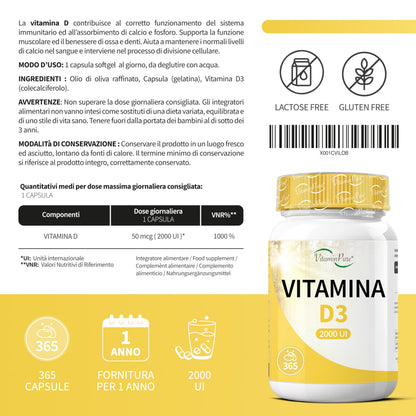 VitaminPure - Vitamina D3 2000 UI Alto Dosaggio, 365 SoftGel Facili da Deglutire, Integratore Vitamina D (Vit D)