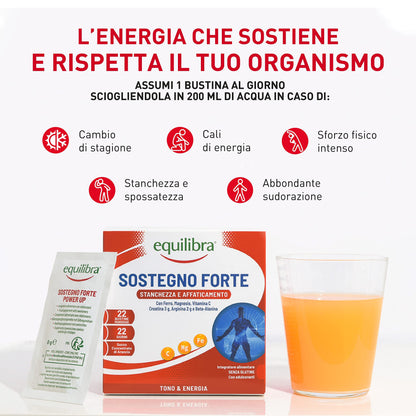 equilibra Integratori Alimentari, Sostegno Forte, Integratore con Creatina, Arginina, Vitamine C, B1, per Incrementare le Prestazioni Fisiche, con Succo Concentrato di Arancio, 22 Bustine Monodose