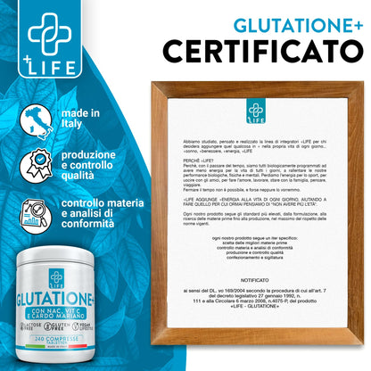 GLUTATIONE Forte 240 Compresse PiuLife® Con Vitamina C, NAC n-acetil-cisteina E Cardo Mariano Fegato, Integratore Glutatione 250 mg, Glutatione Ridotto Antiossidante, Sistema Immunitario, Detox