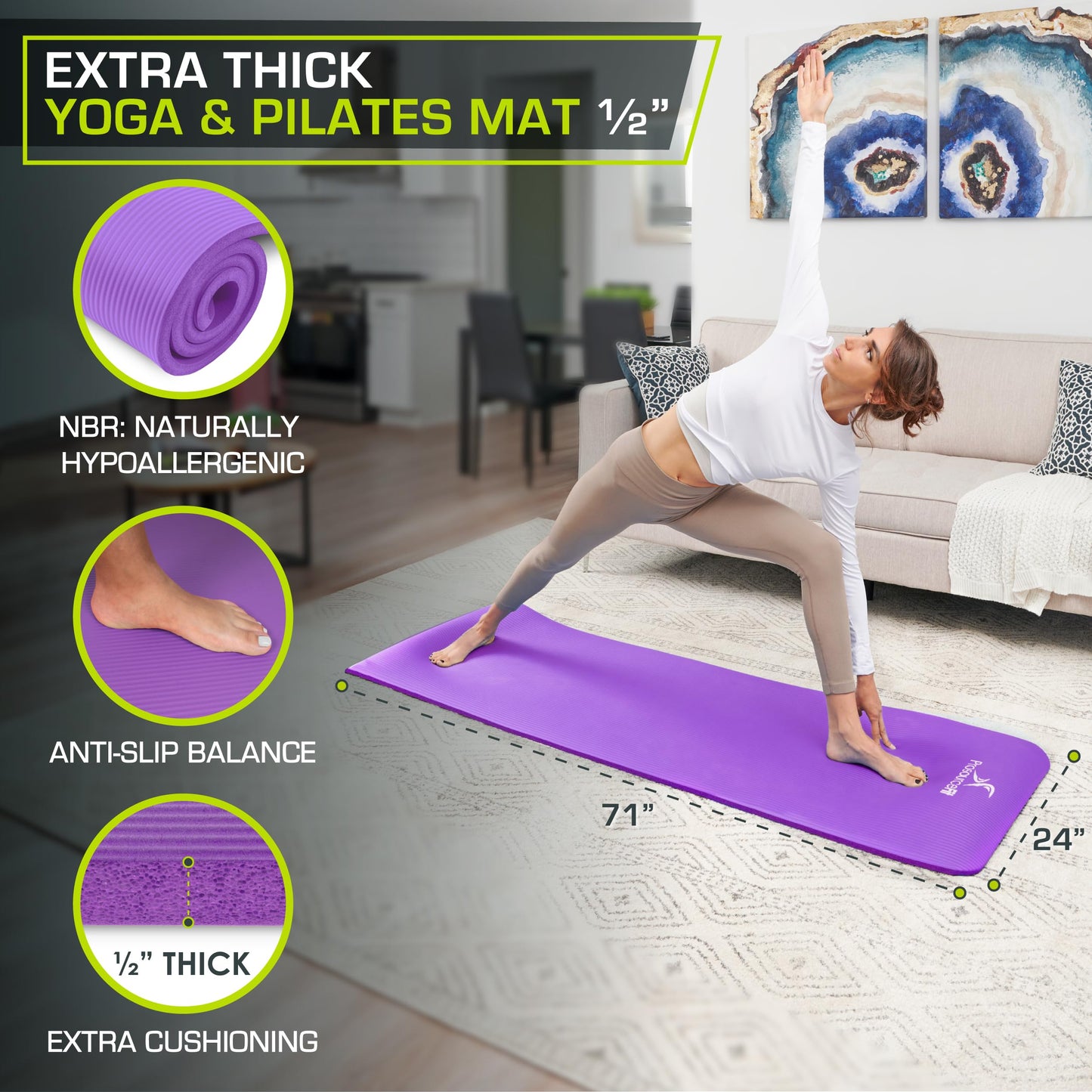 ProsourceFit Extra Thick Yoga and Pilates Mat ½” (13mm) or 1" (25mm), 71-inch Long High Density Exercise Mat with Comfort Foam and Carrying Strap