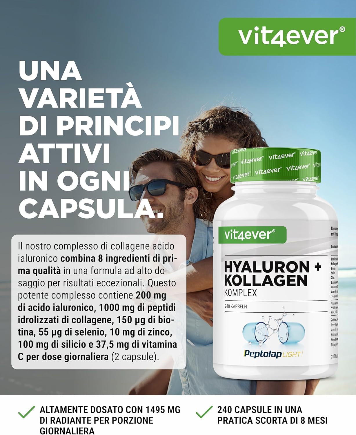 Complesso di acido ialuronico e collagene - 240 capsule - Premium: Con biotina bioattiva, selenio, zinco, vitamina C naturale da acerola e silicio da bambù