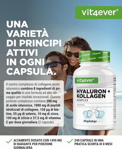 Complesso di acido ialuronico e collagene - 240 capsule - Premium: Con biotina bioattiva, selenio, zinco, vitamina C naturale da acerola e silicio da bambù