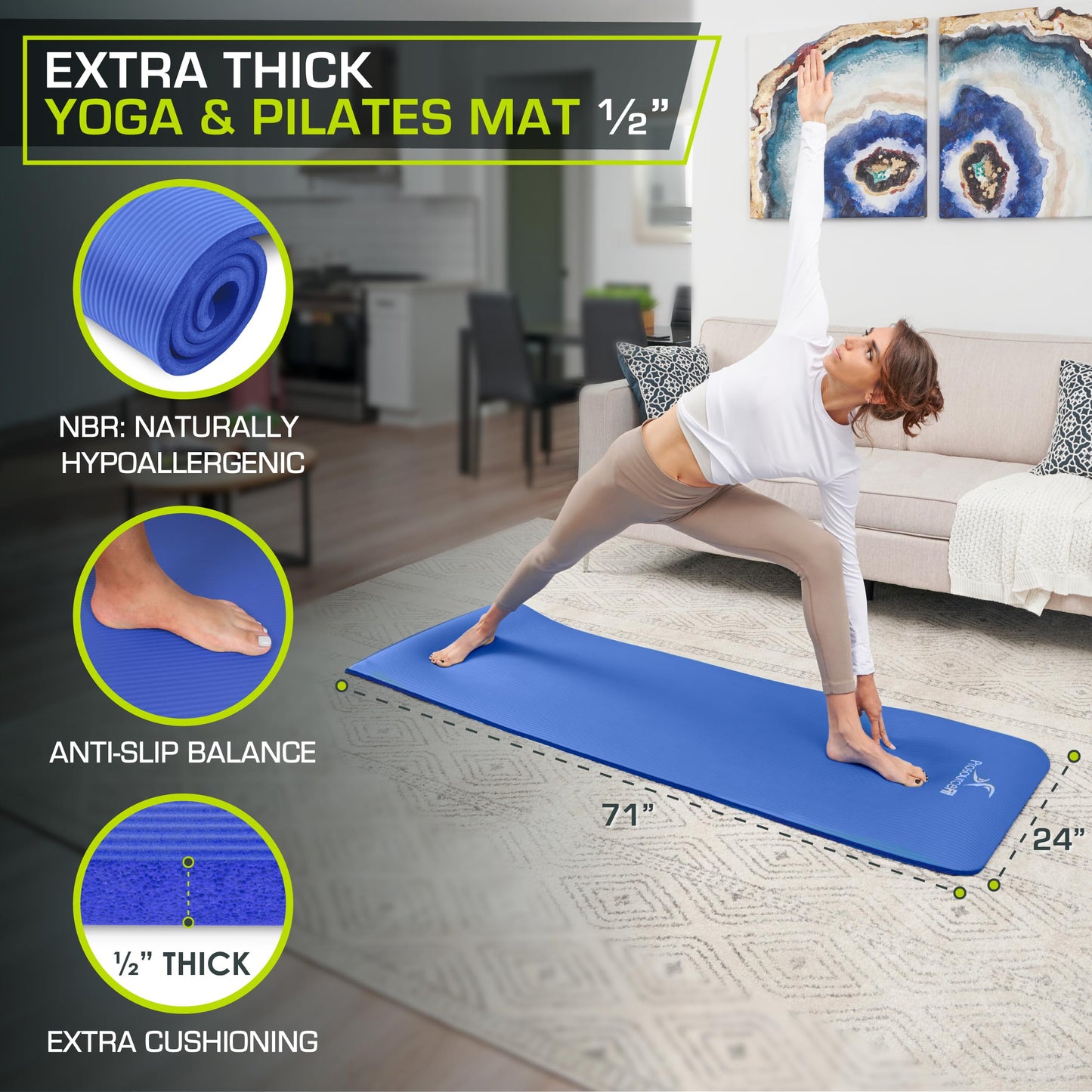 ProsourceFit Extra Thick Yoga and Pilates Mat ½” (13mm) or 1" (25mm), 71-inch Long High Density Exercise Mat with Comfort Foam and Carrying Strap