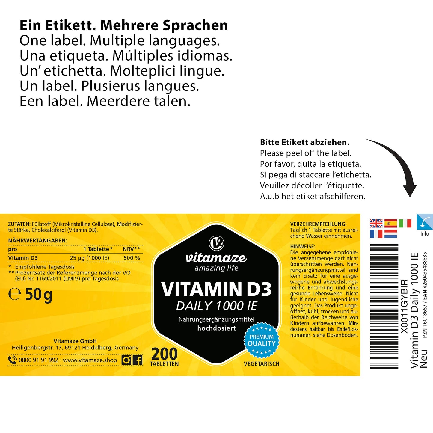 Vitamaze® Vitamina D3 240 compresse Alto dosaggio e vegetariana per più di 1 anno, 2000 UI, 50 mcg di colecalciferolo puro, integratore alimentare naturale senza additivi, Prodotto in Germania