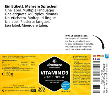 Vitamaze® Vitamina D3 240 compresse Alto dosaggio e vegetariana per più di 1 anno, 2000 UI, 50 mcg di colecalciferolo puro, integratore alimentare naturale senza additivi, Prodotto in Germania