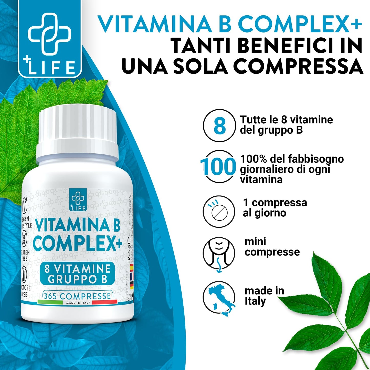 Vitamina B Complex Alto Dosaggio 365 Compresse PiuLife® Vitamina B6 B1 B2 B3 Niacina, B5, B8 Biotina, B9 Acido Folico, Vitamina B12, Vitamine Gruppo B Total Energia Capelli Difese Immunitarie