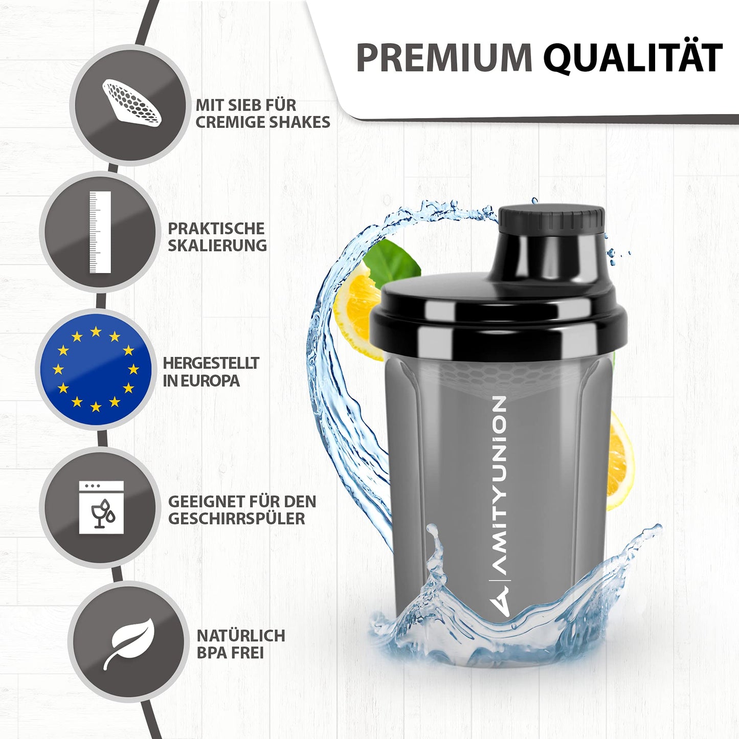 AMITYUNION Shaker per proteine 300 ml Heaven a prova di perdite, senza BPA con setaccio cliccabile e scala per frullati cremosi di siero di latte, shaker per proteine, originale in Fumo nero