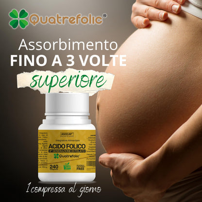 Acido Folico Quatrefolic, 240 compresse di Acido Folico in forma Biologicamente Attiva, assorbimento fino a tre volte maggiore per Gravidanza e Fertilità, Riduce l'affaticamento