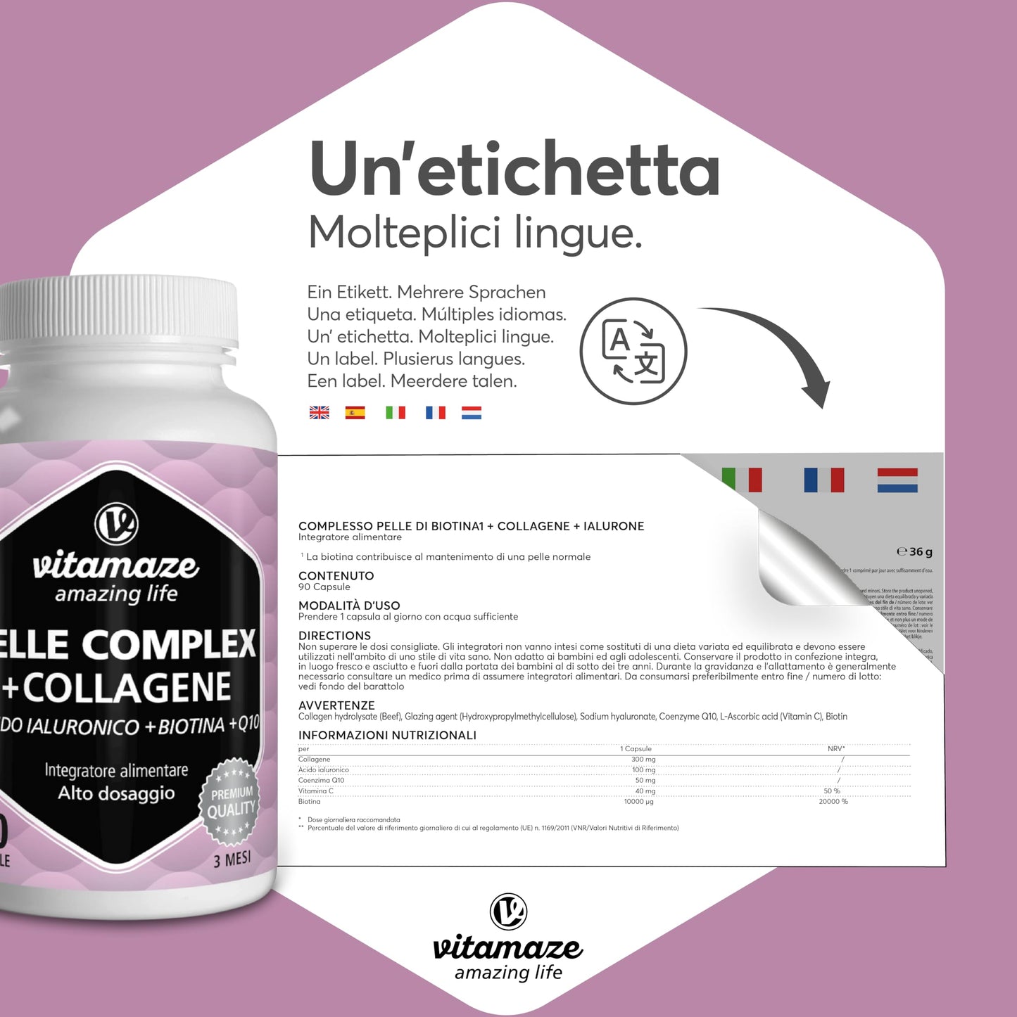 Acido Ialuronico ad Alto Dosaggio Puro + Coenzima Q10, Capsule Vegan per un Trattamento di 2 Mesi, Micromolecule 500-700 kDa, Qualità Tedesca, Integratore Alimentare senza Additivi