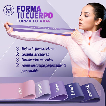 PORTENTUM elastici fitness, set di 5 fasce elastico fitness. Comoda e resistente bande elastiche fitness. Fascia elastica fitness, elastici palestra