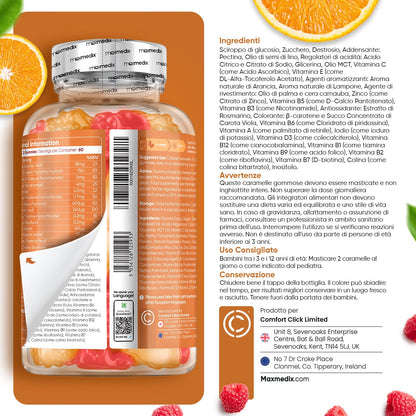 Multivitaminico Bambini Con Omega 3 6 9, 120 Caramelle Gommose (2 Mesi), Gusto di Lampone e Arancia, 12 Vitamine + Zinco e Inositolo, Vegetariano, Senza Gelatina, Orsetti Gommosi Senza Additivi Nocivi