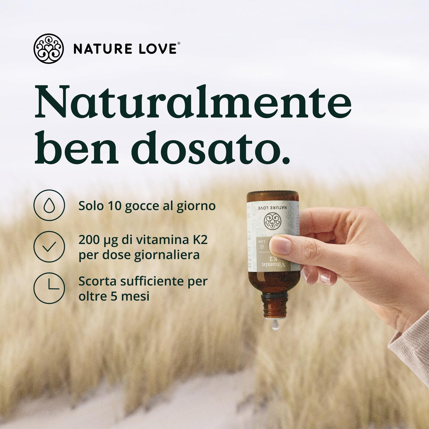 NATURE LOVE® Vitamina K2 MK7-200µg - 1700 gocce (50ml) - Max contenuto all-trans 99,7+% - Alta qualità: K2VITAL® di Kappa - sciolta in olio MCT da cocco - Alto dosaggio, vegana e prodotta in Germania