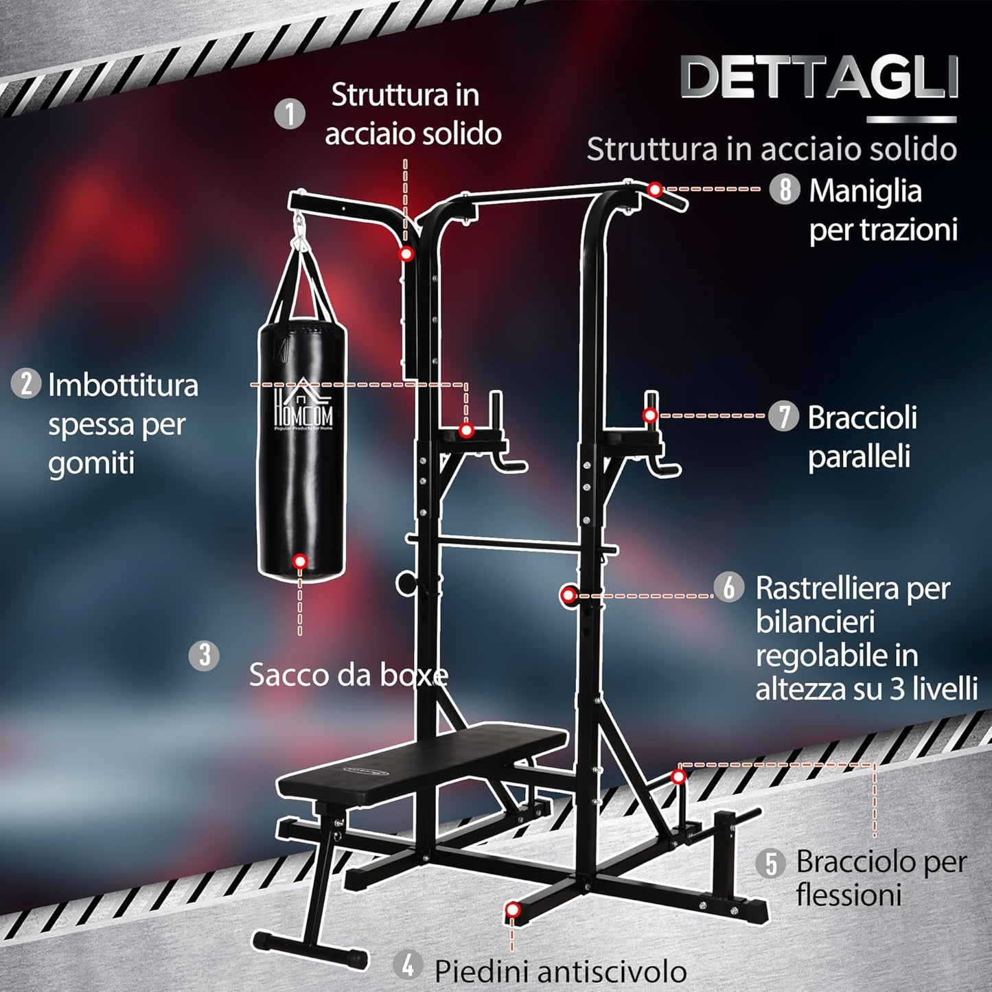 HOMCOM Power Tower con Panca e Sacco da Boxe di 20kg, Stazione Multiuso in Acciaio Nero per Allenamento Total Body