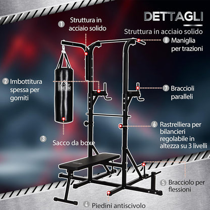 HOMCOM Power Tower con Panca e Sacco da Boxe di 20kg, Stazione Multiuso in Acciaio Nero per Allenamento Total Body