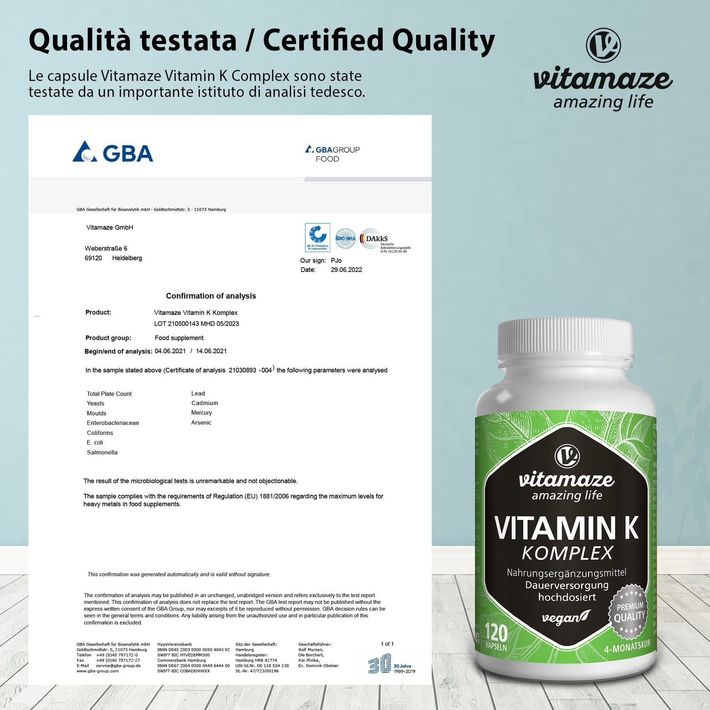 Vitamaze® Vitamina K2 MK-7 Alto Dosaggio Menachinone, 180 Compresse Vegan, Qualità Tedesca, Naturale Integratore Alimentare senza Additivi non Necessari