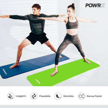 POWRX Tappetino Fitness Antiscivolo 190 x 60, 80, 100 cm - Ideale per Yoga, Pilates e Ginnastica - Extra Morbido e Spessore da 1,5 cm o 1 cm - Ecocompatibile con Tracolla e Sacca Trasporto + Poster