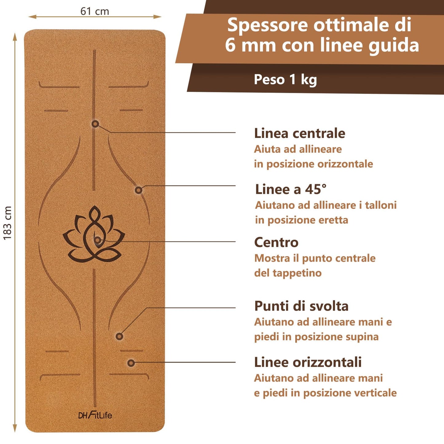 DH FitLife Tappetino da yoga in sughero e TPE, tappetino da ginnastica, 183 x 61 x 0,6 cm, tappetino da yoga antiscivolo, tappetino da yoga, spessore con linee di orientamento