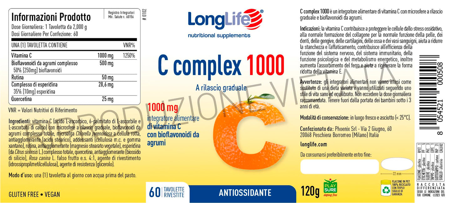 LongLife® C Complex 1000 | Vitamina C 1000mg a rilascio graduale | Alto dosaggio | Con bioflavonoidi da agrumi e quercetina | Difese immunitarie | 2 mesi di trattamento | Senza glutine e vegan