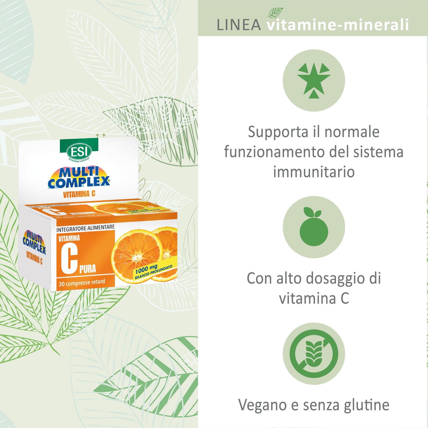 ESI - Multicomplex Vitamina C Pura Retard, Integratore Alimentare Massimo Dosaggio, a Rilascio Prolungato, Supporta il Funzionamento del Sistema Immunitario, Senza Glutine e Vegan, 90 Compresse