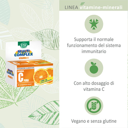 ESI - Multicomplex Vitamina C Pura Retard, Integratore Alimentare Massimo Dosaggio, a Rilascio Prolungato, Supporta il Funzionamento del Sistema Immunitario, Senza Glutine e Vegan, 90 Compresse