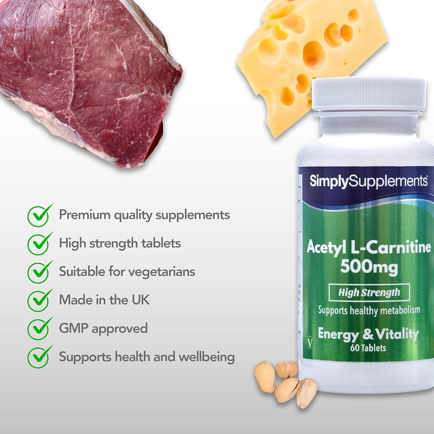 Acetil L-Carnitina 500 mg - 60 Compresse - Adatto ai vegani - 2 mesi di durata - SimplySupplements