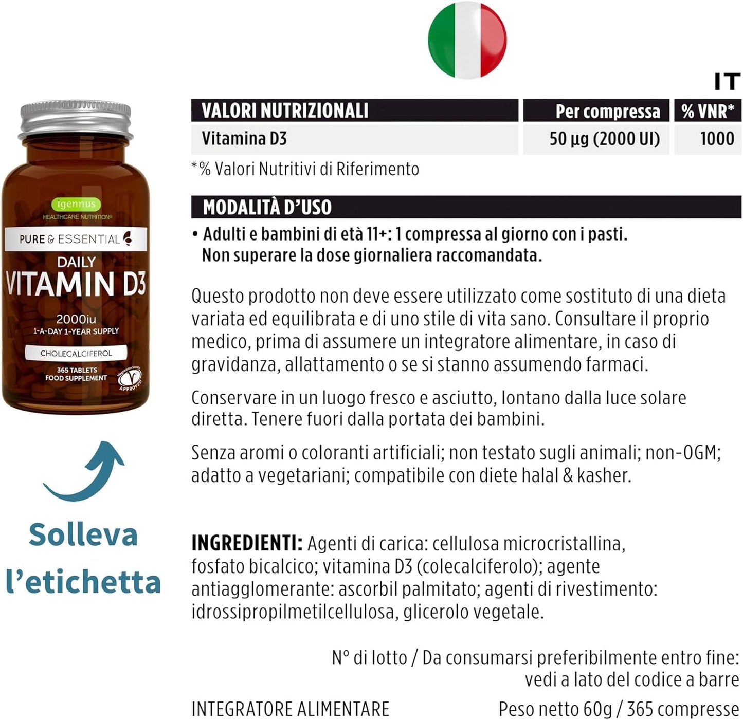 Vitamina D3 ad alto dosaggio 2000 UI, 50 μg, 365 compresse (1 Anno), Integratore per Difese Immunitarie, Ossa, Denti & Muscoli - Igennus